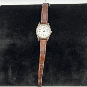 Vintage Wenger Swiss Quartz Field Watch Date Stainless Steel Leather Band
